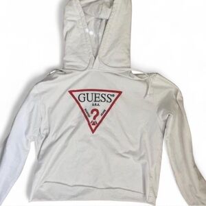 White Guess hoodie with red and black embroidered logo  #croppedhoodie